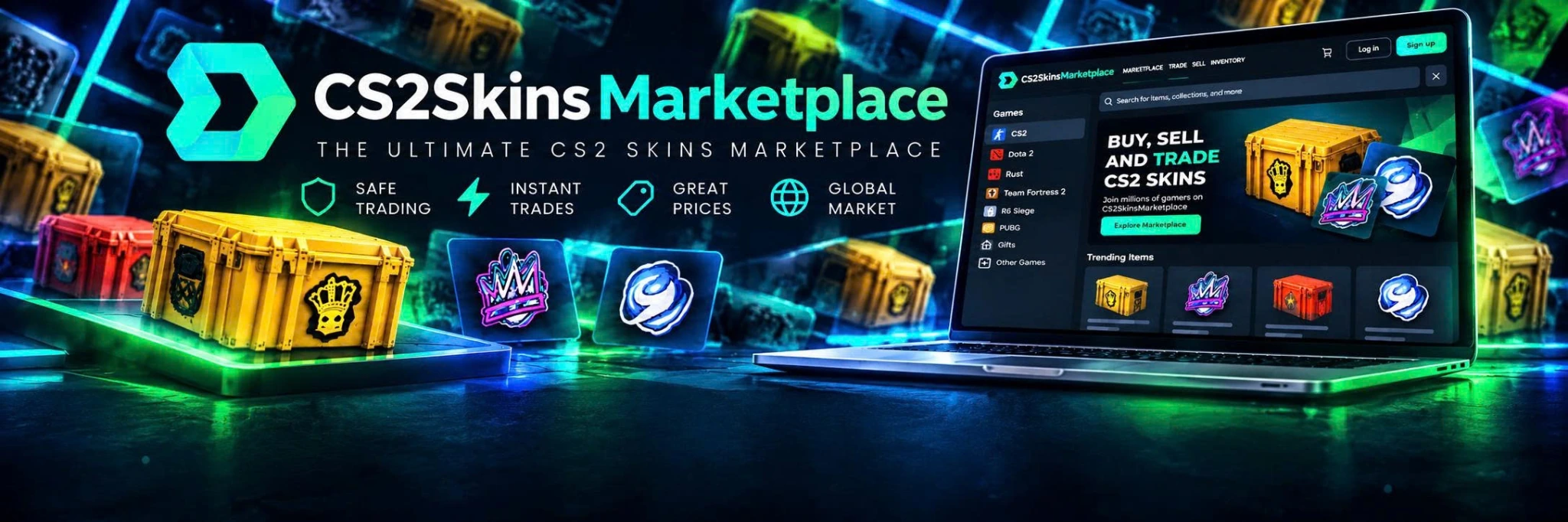 DMarket marketplace illustration with a laptop, collectible cases and colorful stickers. Buy, sell and trade game items.